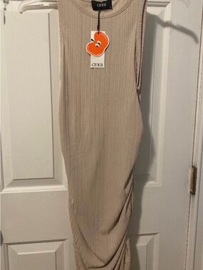 Cider Ribbed Sleeveless Midi Dress in Taupe Beige